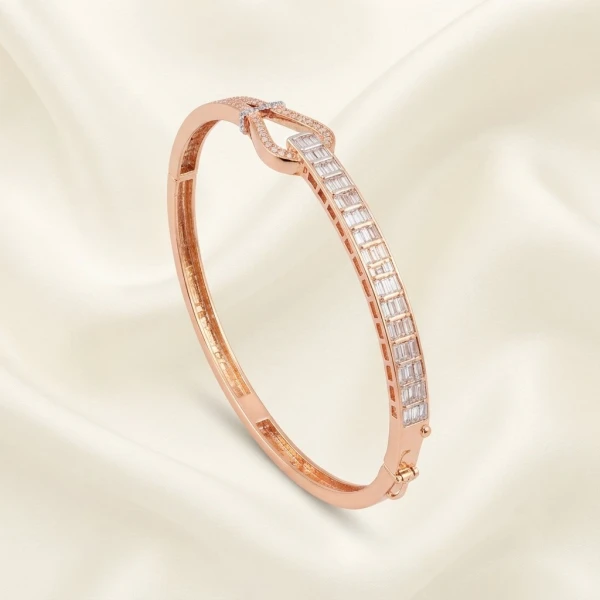 Heart-Motif Baguette Rose Gold Bangle