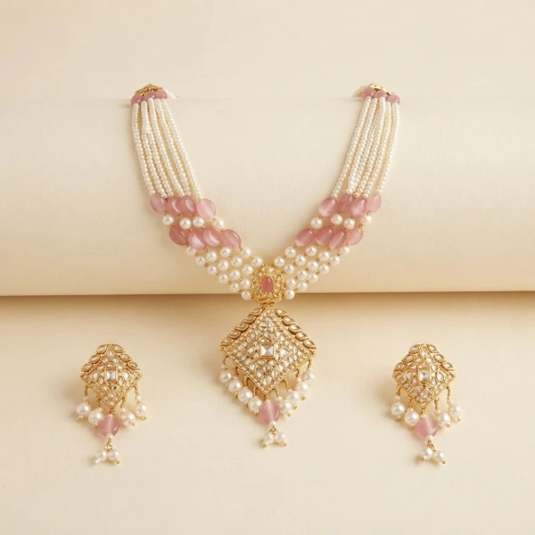 Traditional Gold Pearl and Pink Bead Necklace Set