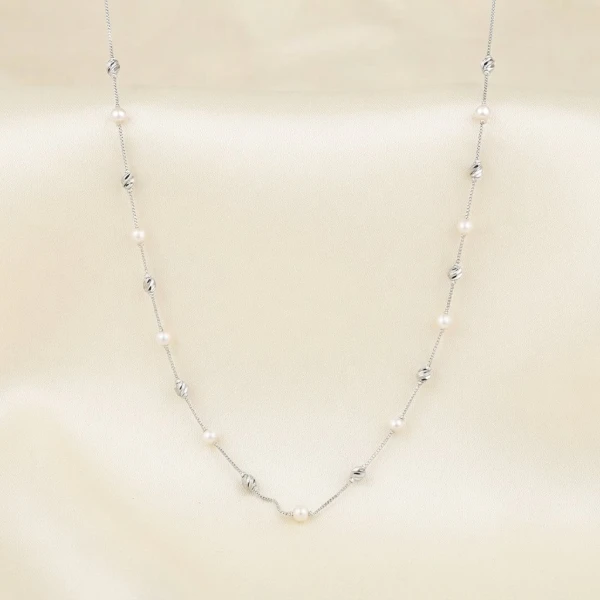 Silver Pearl and Textured Bead Chain Necklace