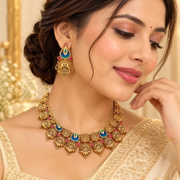 Antique Gold Blue Meenakari Necklace Set