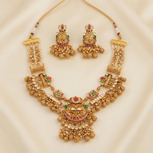 Regal Heritage Gold Temple Necklace Set with Ruby, Emerald & Pearl Accents