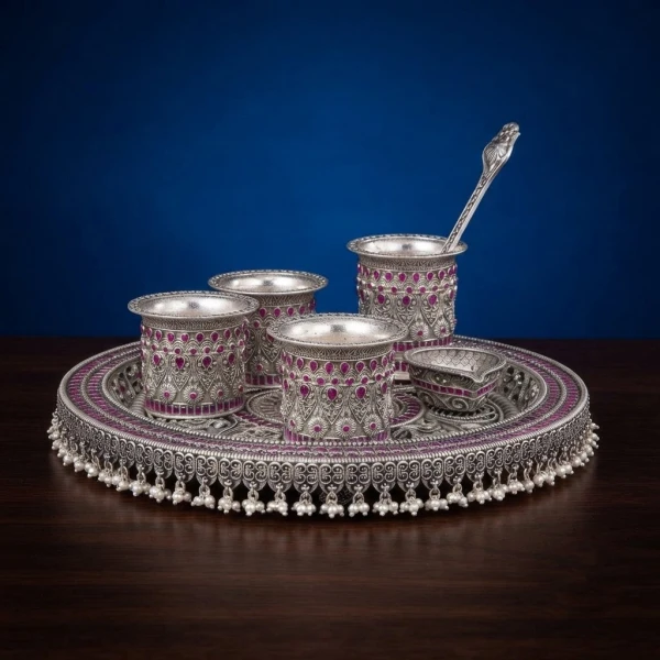 925 Silver Royal Pooja Thali Set with Ruby Stones