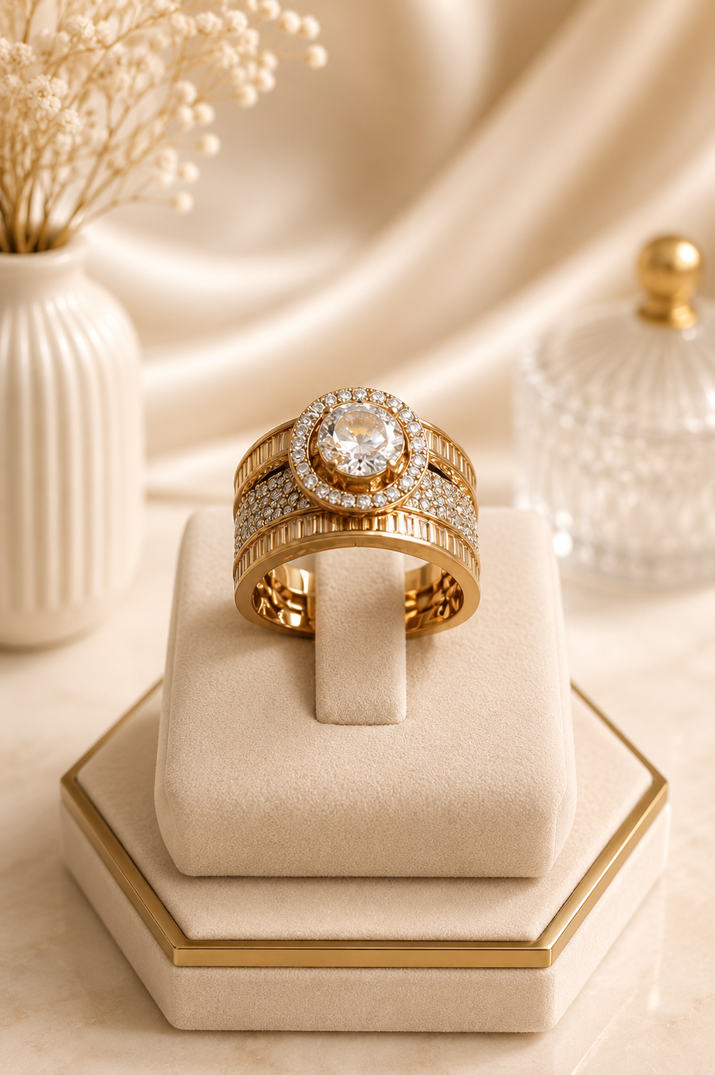 Opulent Gold Solitaire Wide Band Ring